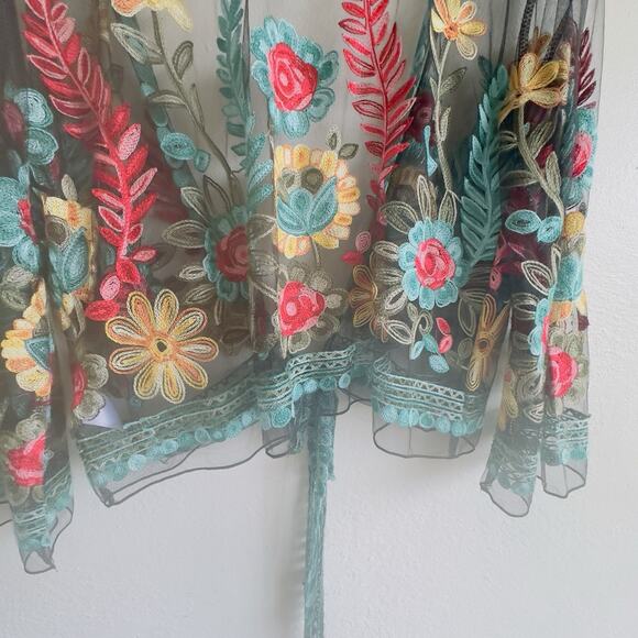 Rachel Zoe Embroidered Mesh Kimono One Size Sheer Floral Boho Resortwear Festiva - Picture 6 of 10